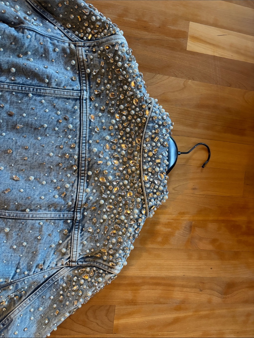 Alice + Olivia Light Blue Pearl-Embellished Denim Jacket - Picture 15 of 16